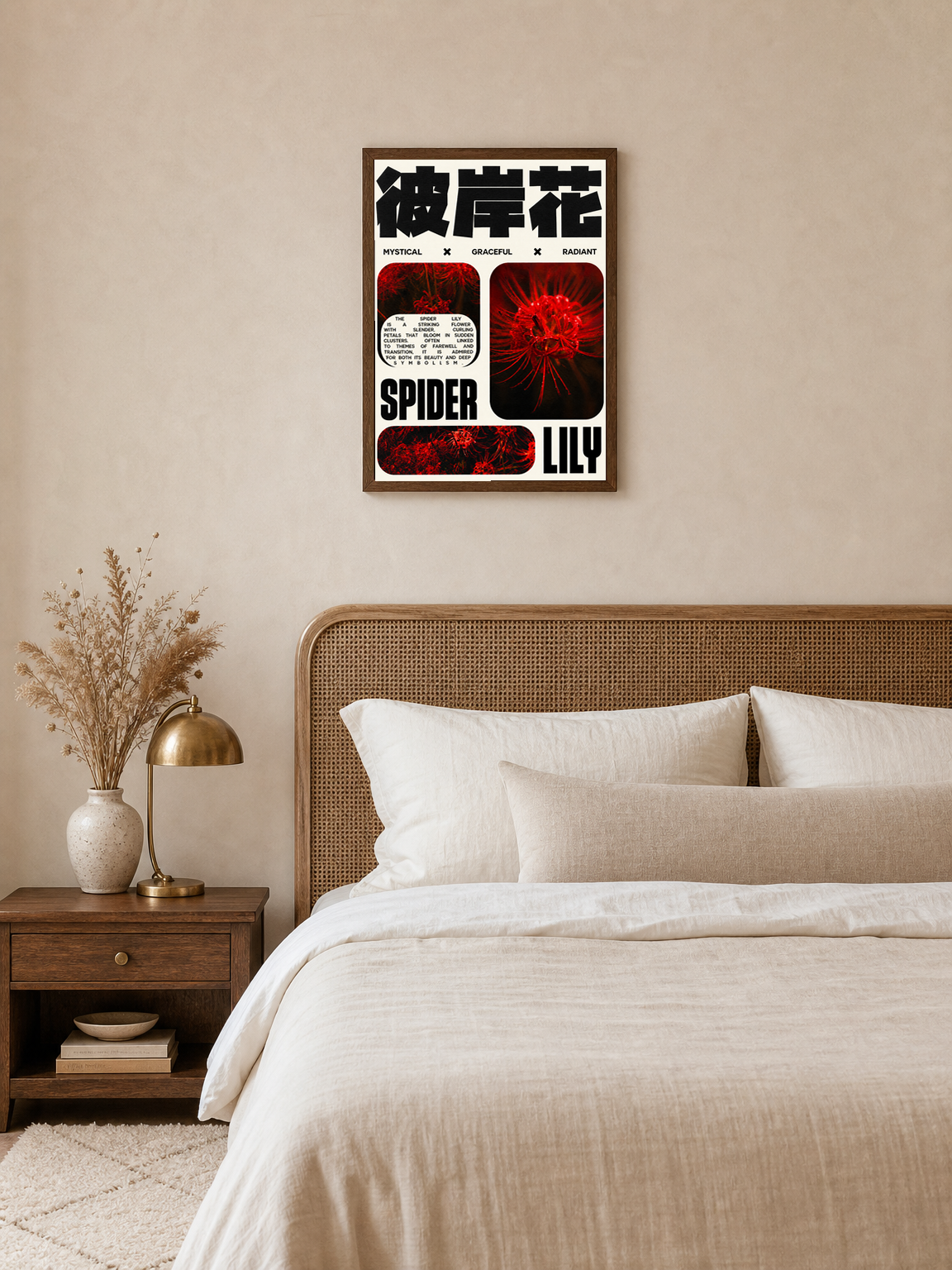 Mystical Spider Lily Wall Art Print Poster - dark wood framed