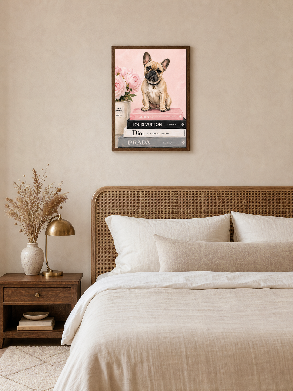 French Bulldog Fashion Books Wall Art Print - dark wood framed