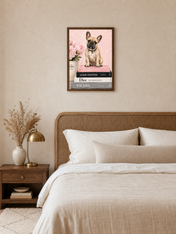 French Bulldog Fashion Books Wall Art Print - dark wood framed