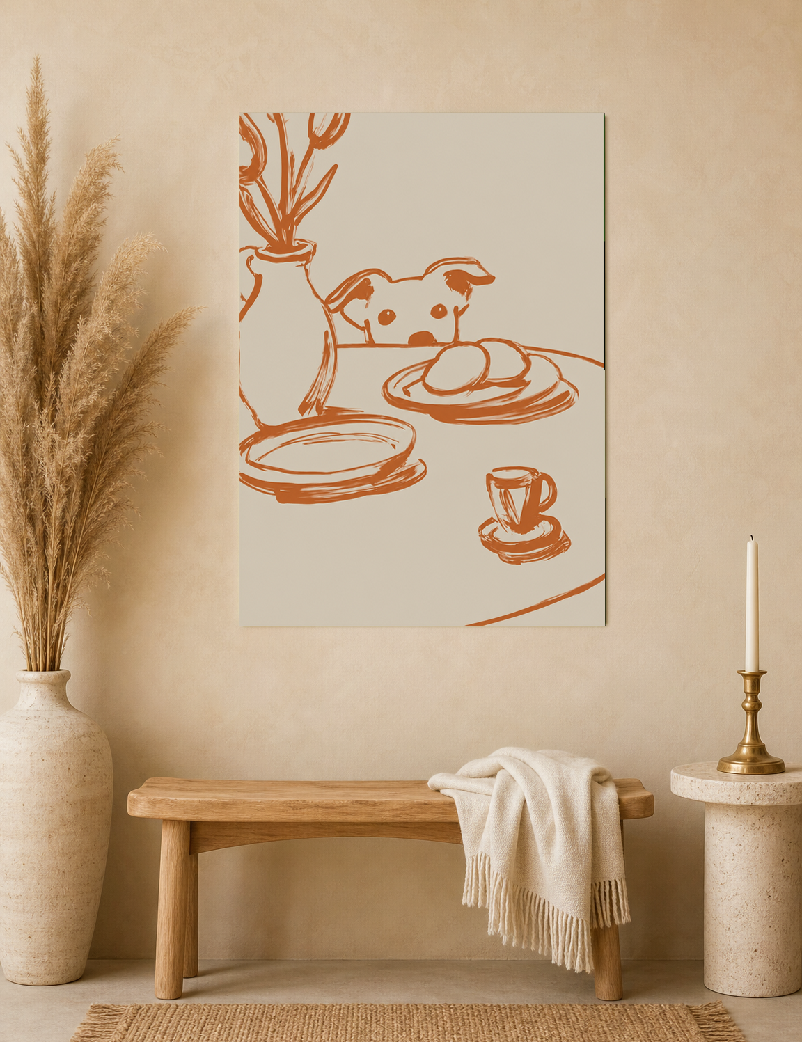 Playful Dog at Breakfast Wall Art Print - unframed mockup