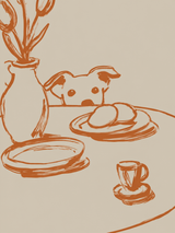 Playful Dog at Breakfast Wall Art Print