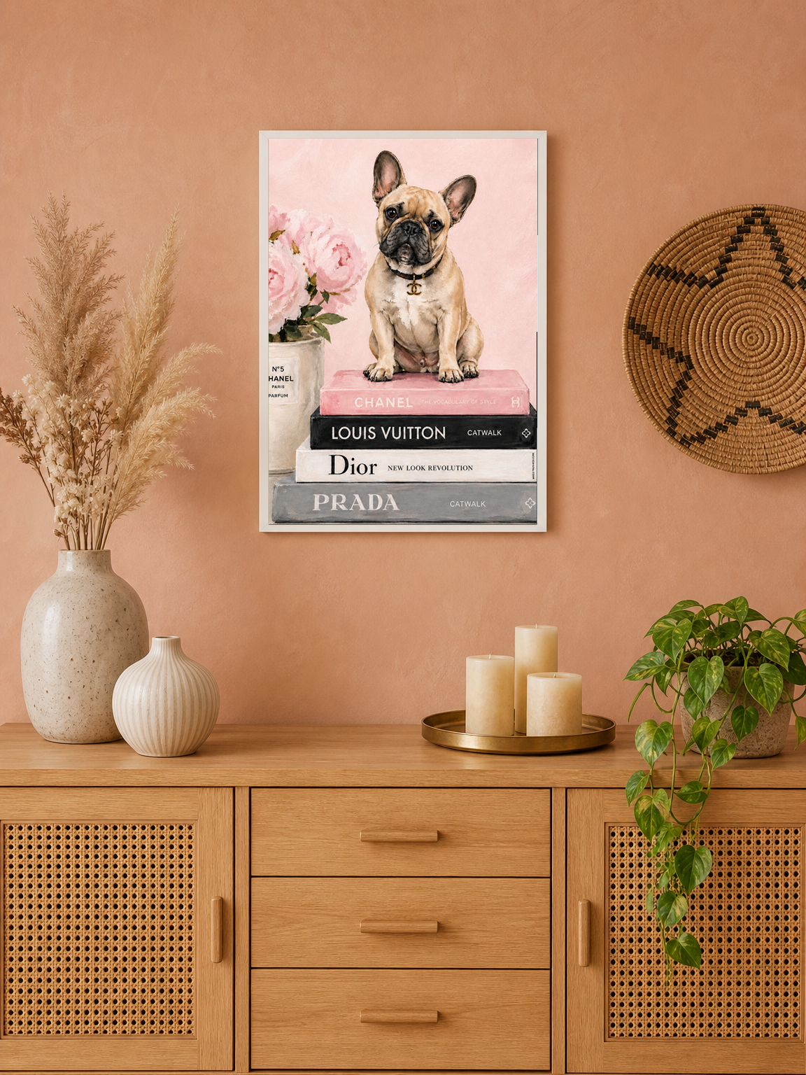 French Bulldog Fashion Books Wall Art Print - white framed