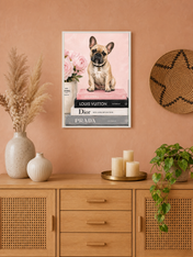French Bulldog Fashion Books Wall Art Print - white framed