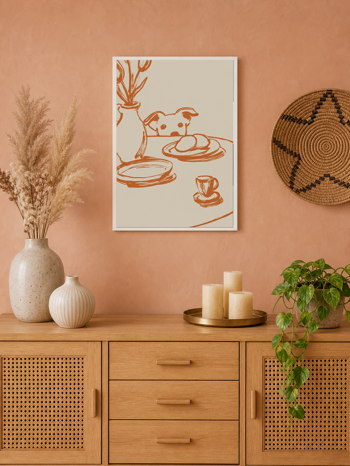 Playful Dog at Breakfast Wall Art Print - white framed