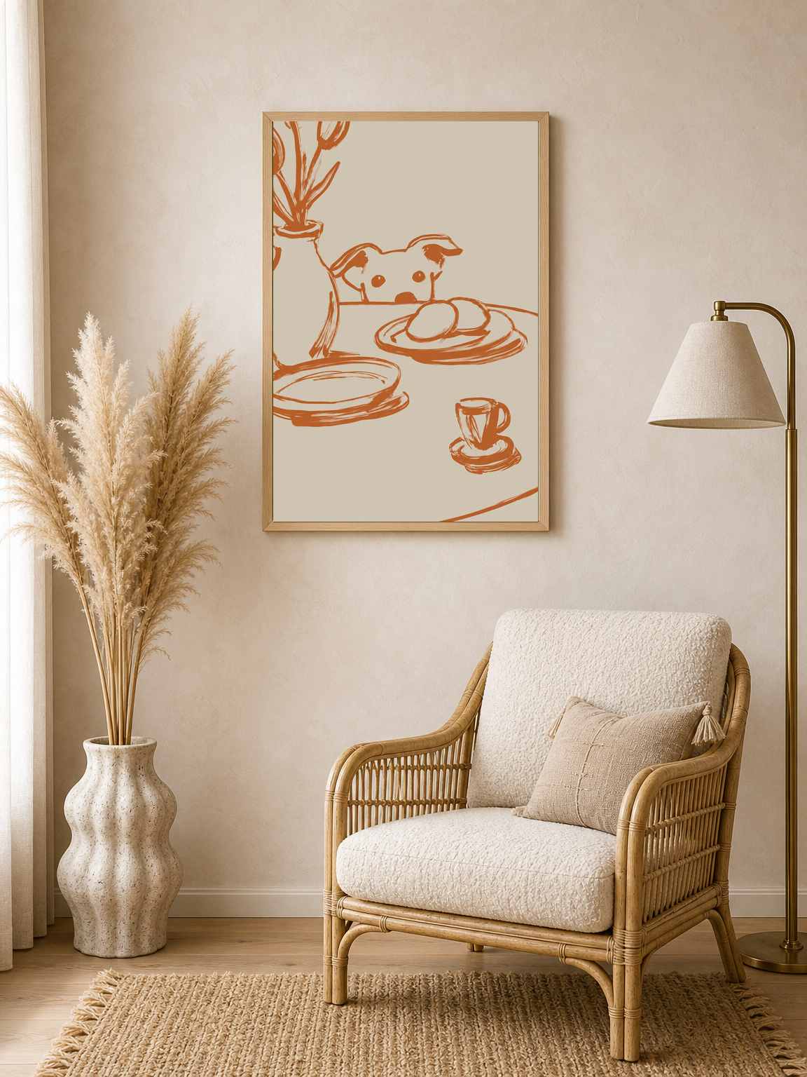 Playful Dog at Breakfast Wall Art Print - wood framed poster