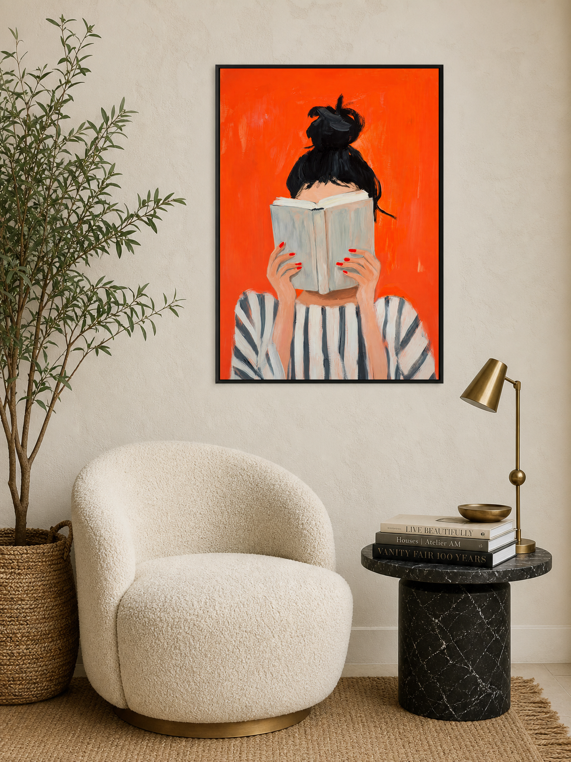 Woman Reading Striped Portrait Wall Art Print - black framed