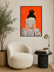 Woman Reading Striped Portrait Wall Art Print - black framed