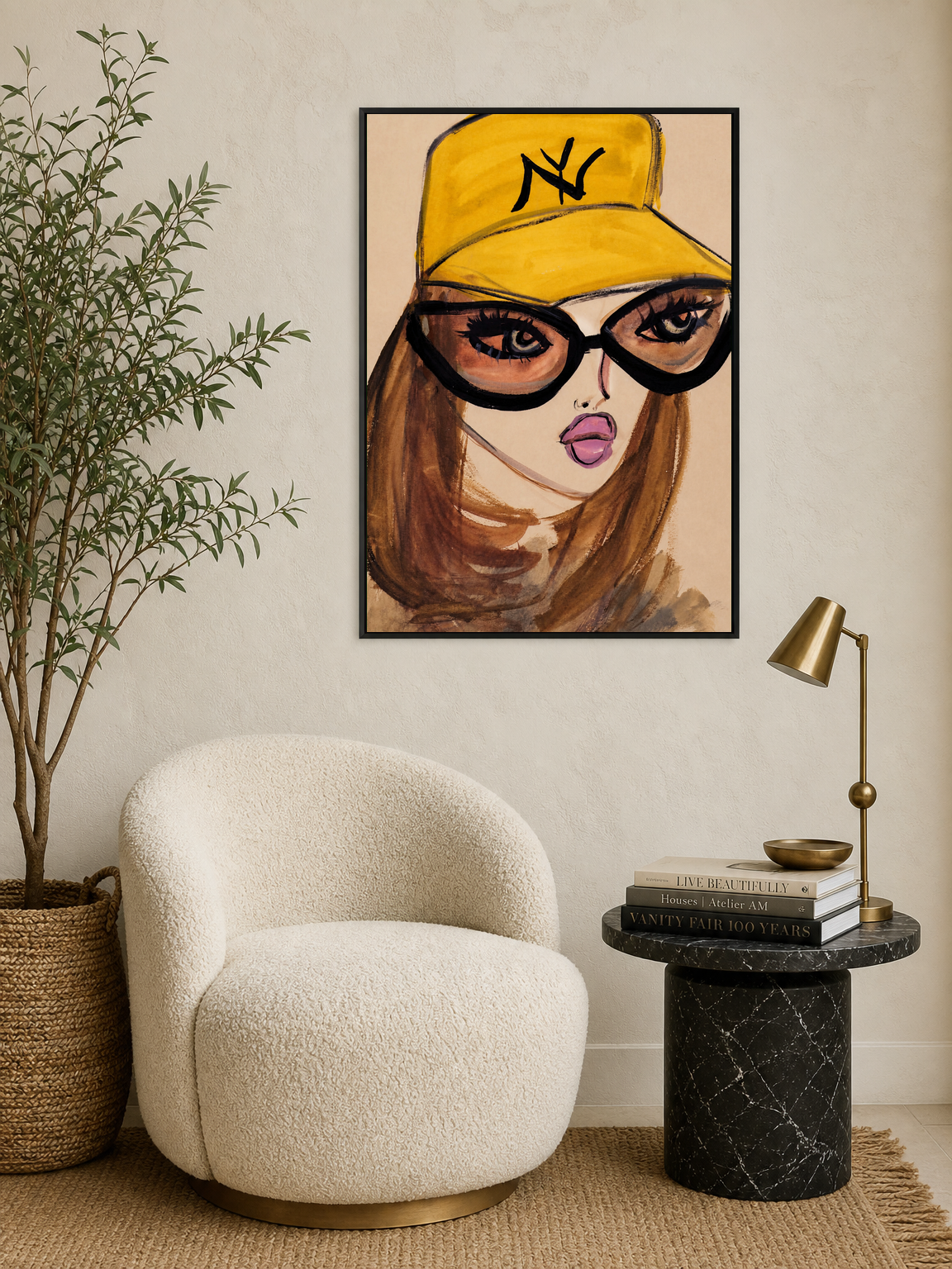 Bold Girl in Yellow Cap Wall Art Print - black framed