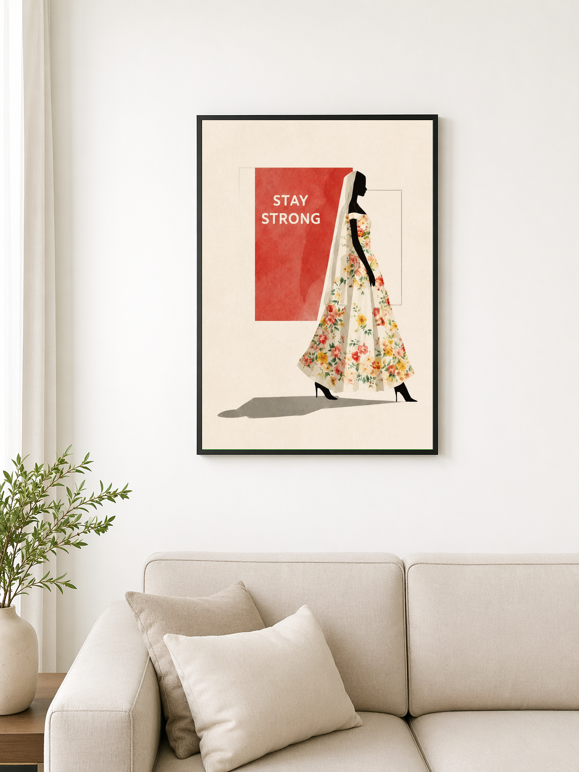 Stay Strong Floral Woman Wall Art Print - black framed