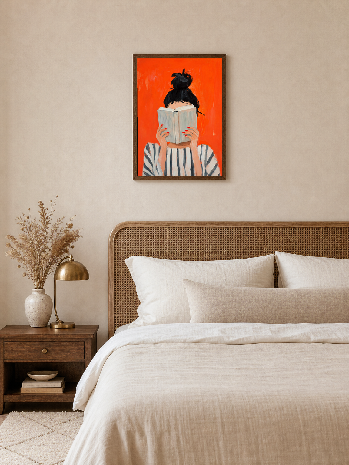 Woman Reading Striped Portrait Wall Art Print - dark wood framed