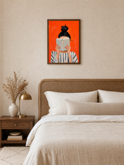 Woman Reading Striped Portrait Wall Art Print - dark wood framed