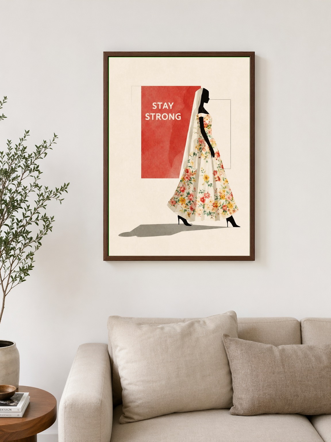 Stay Strong Floral Woman Wall Art Print - dark wood framed
