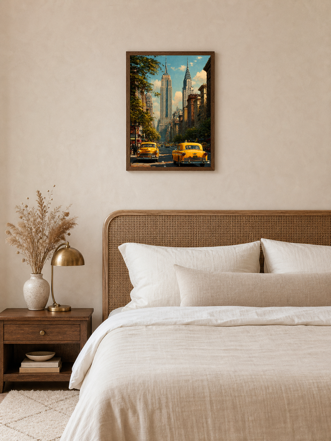 New York City Yellow Taxi Wall Art Print - dark wood framed