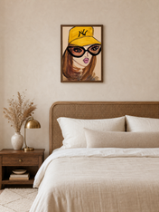Bold Girl in Yellow Cap Wall Art Print - dark wood framed
