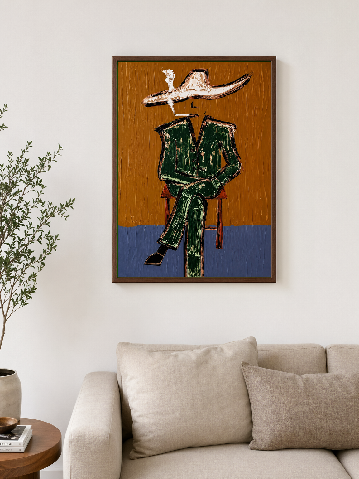 Abstract Cowboy Figure Wall Art Print - dark wood framed