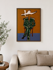 Abstract Cowboy Figure Wall Art Print - dark wood framed