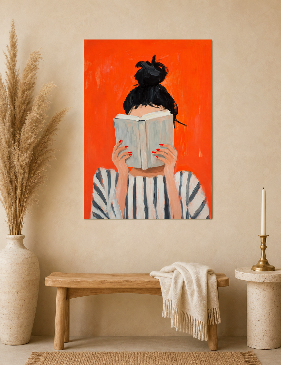 Woman Reading Striped Portrait Wall Art Print - unframed mockup