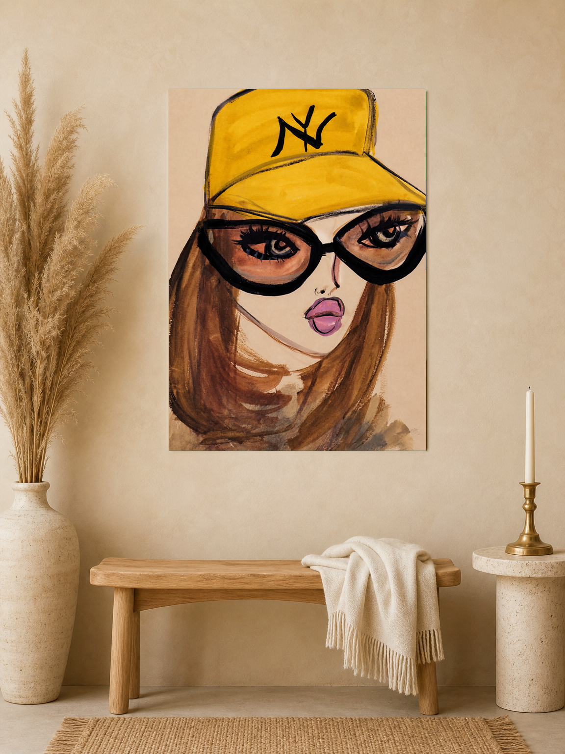 Bold Girl in Yellow Cap Wall Art Print - unframed mockup