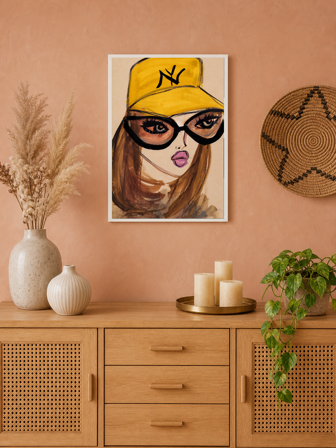 Bold Girl in Yellow Cap Wall Art Print - white framed