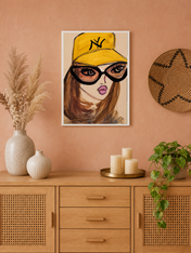 Bold Girl in Yellow Cap Wall Art Print - white framed