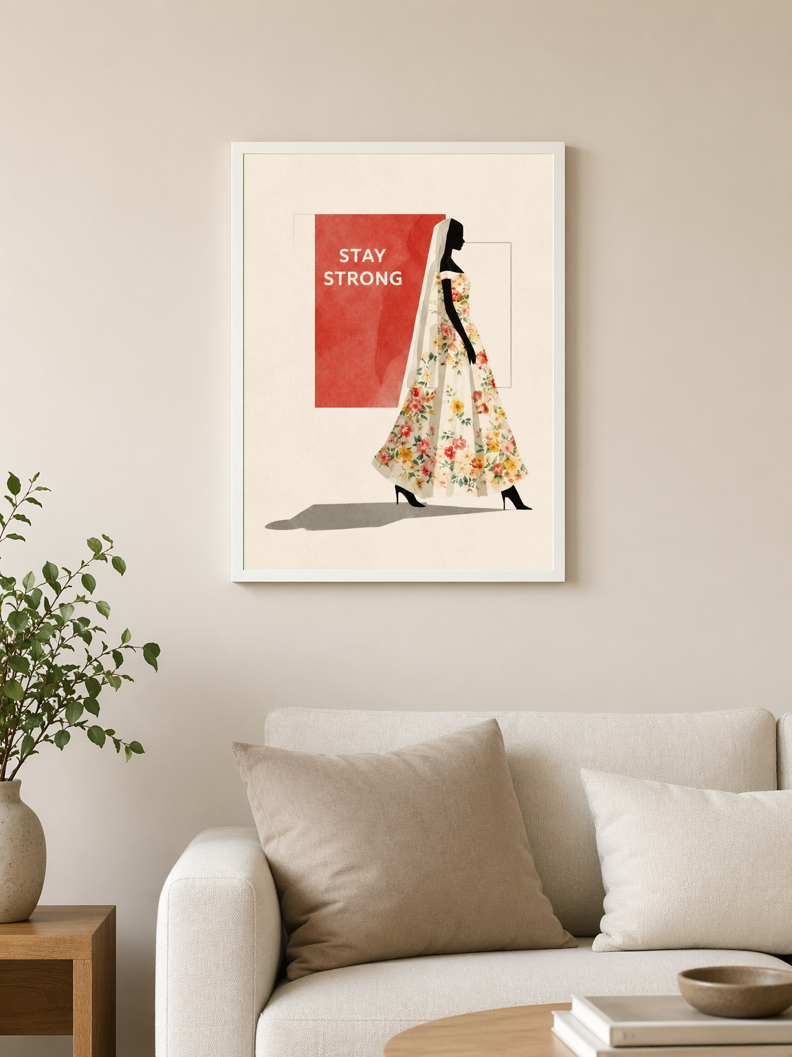Stay Strong Floral Woman Wall Art Print - white framed