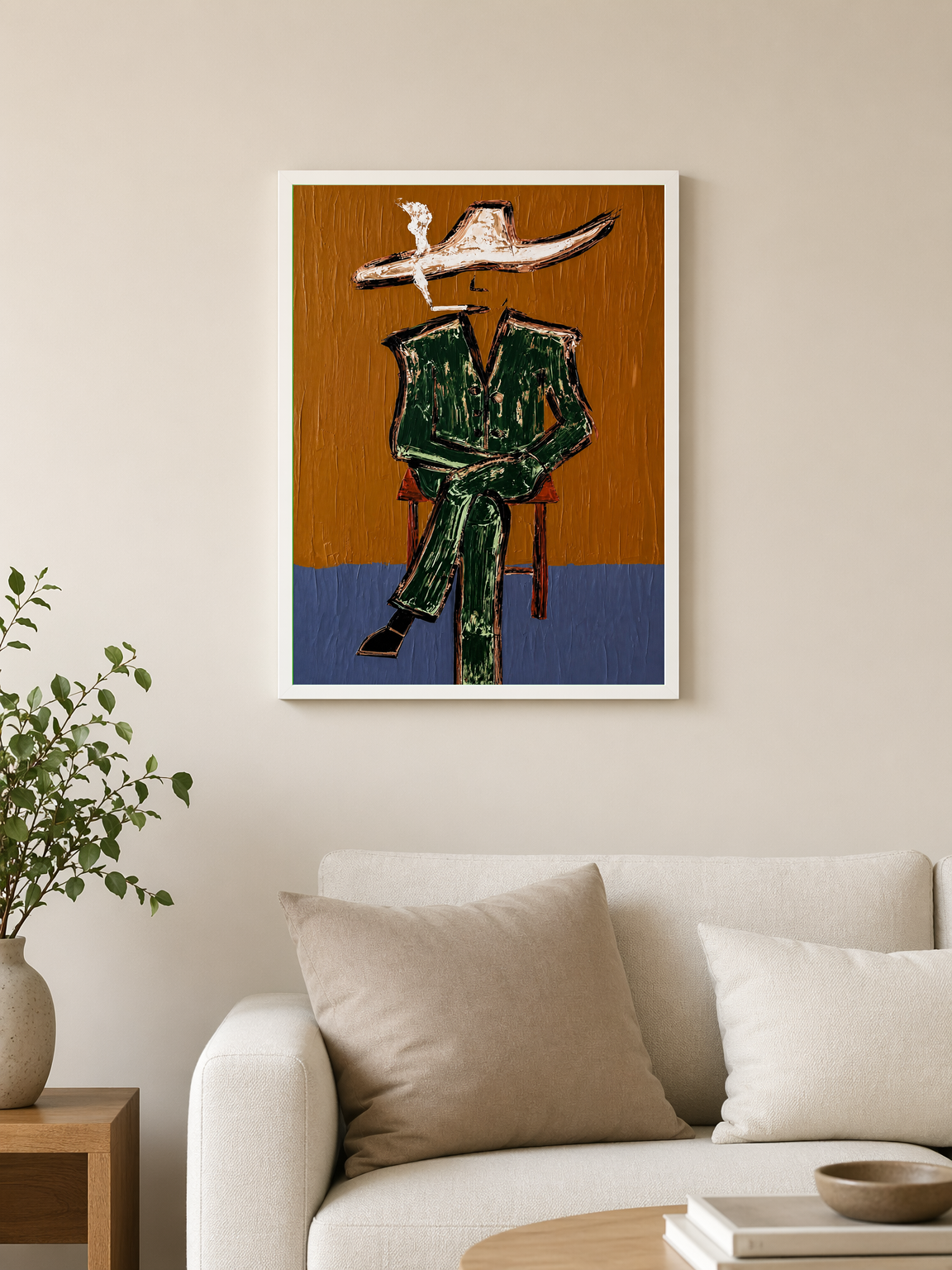 Abstract Cowboy Figure Wall Art Print - white framed