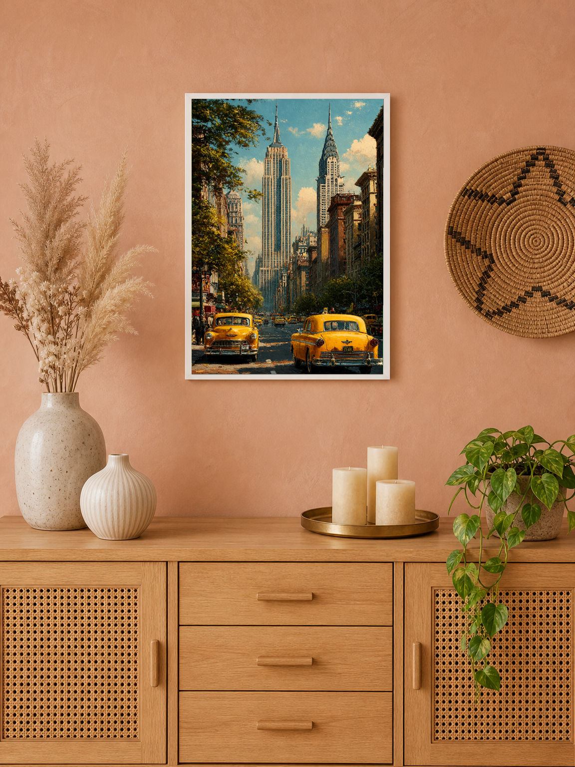 New York City Yellow Taxi Wall Art Print - white framed