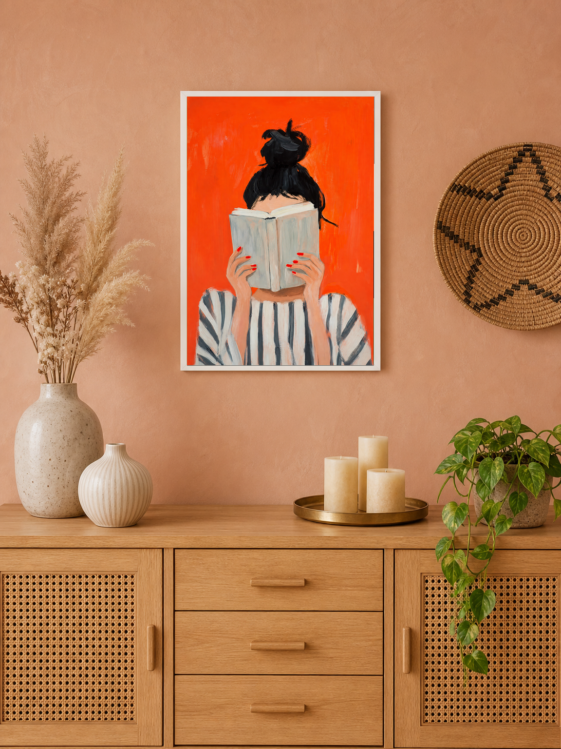 Woman Reading Striped Portrait Wall Art Print - white framed