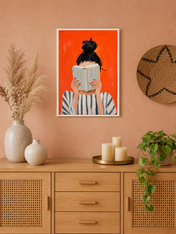 Woman Reading Striped Portrait Wall Art Print - white framed
