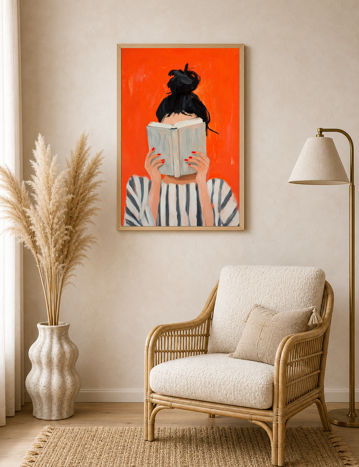 Woman Reading Striped Portrait Wall Art Print - wood framed poster