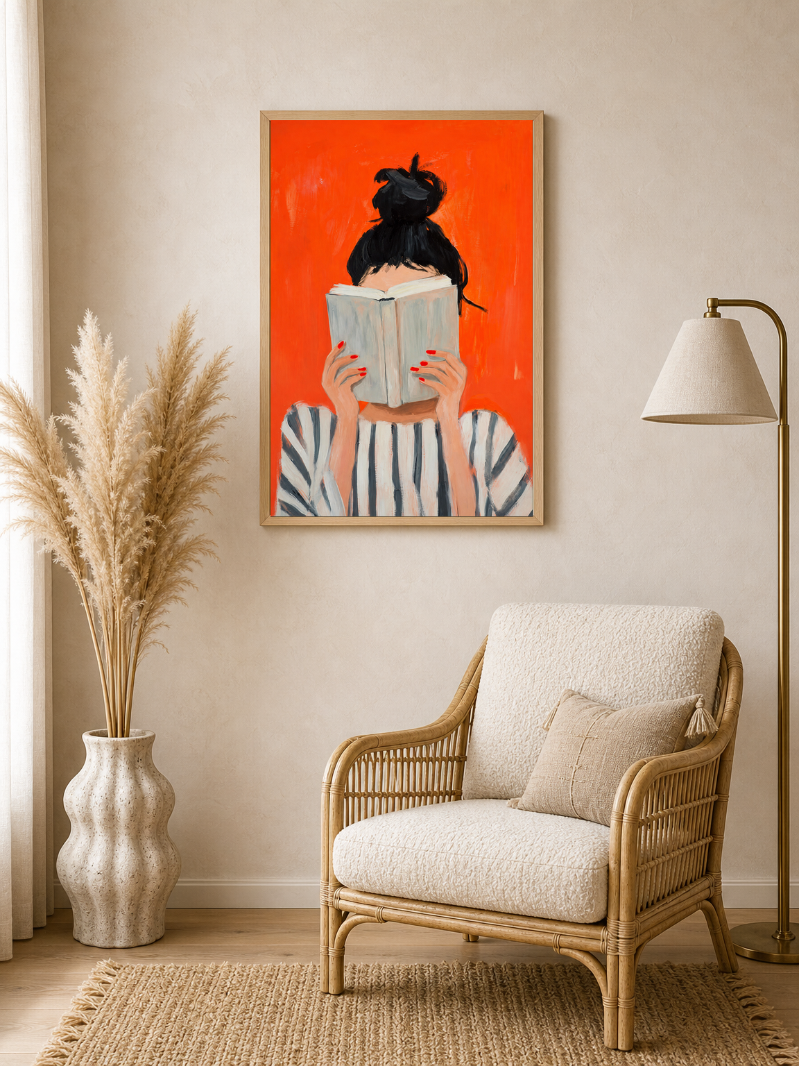 Woman Reading Striped Portrait Wall Art Print - wood framed poster