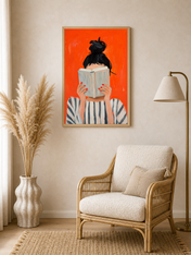 Woman Reading Striped Portrait Wall Art Print - wood framed poster