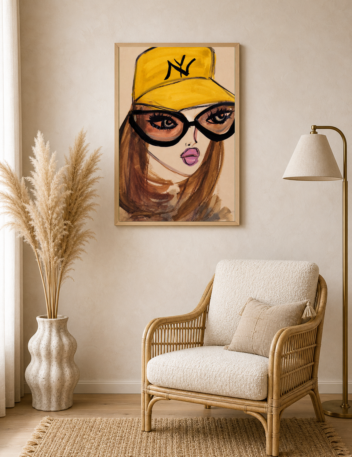 Bold Girl in Yellow Cap Wall Art Print - wood framed poster