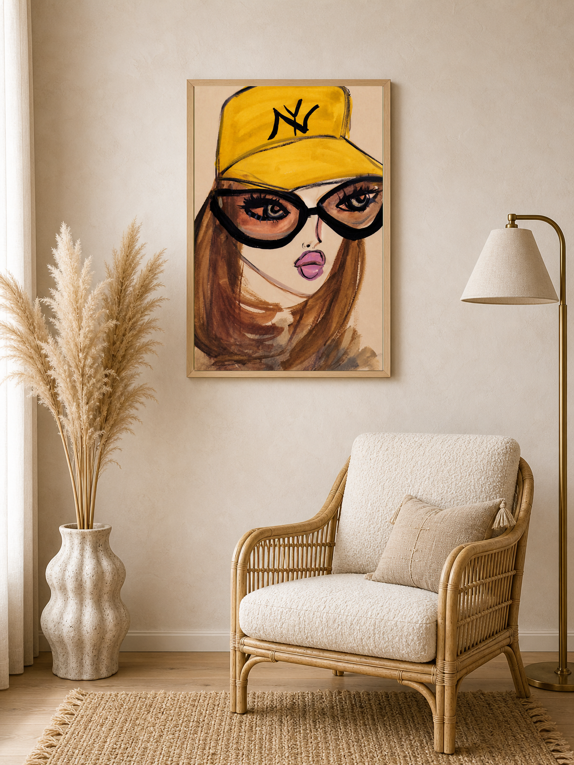 Bold Girl in Yellow Cap Wall Art Print - wood framed poster