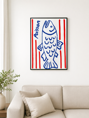 Blue Poisson Fish Illustration Wall Art Print - black framed
