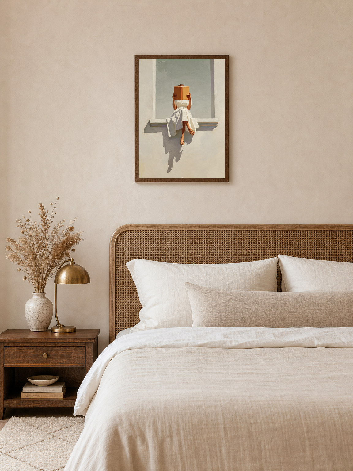 Woman Reading in Sunlit Window Wall Art Print - dark wood framed