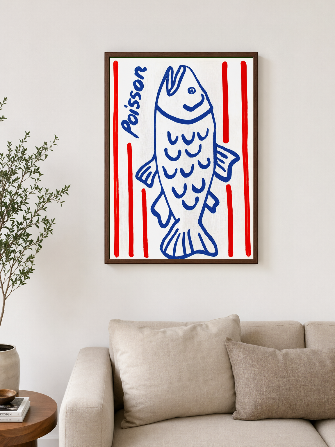 Blue Poisson Fish Illustration Wall Art Print - dark wood framed