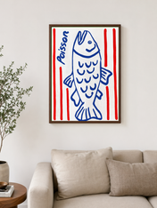 Blue Poisson Fish Illustration Wall Art Print - dark wood framed