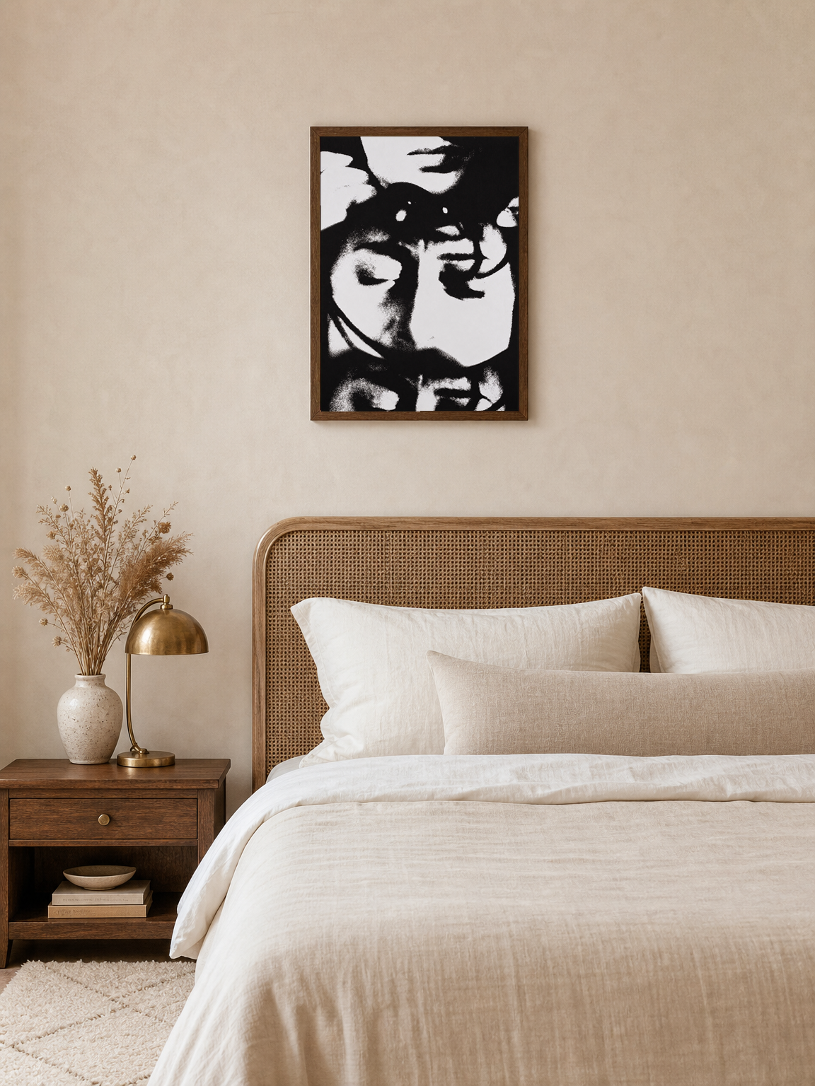 Abstract Black and White Faces Wall Art Print - dark wood framed
