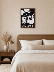Abstract Black and White Faces Wall Art Print - dark wood framed