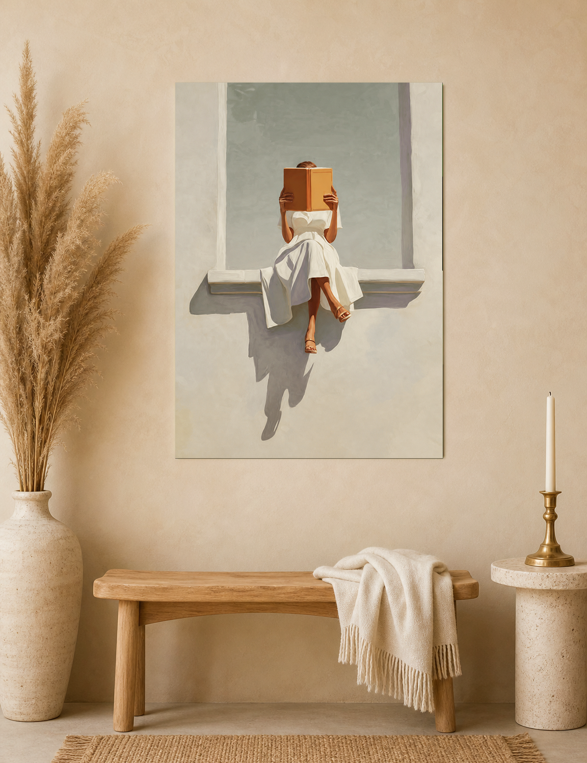 Woman Reading in Sunlit Window Wall Art Print - unframed mockup
