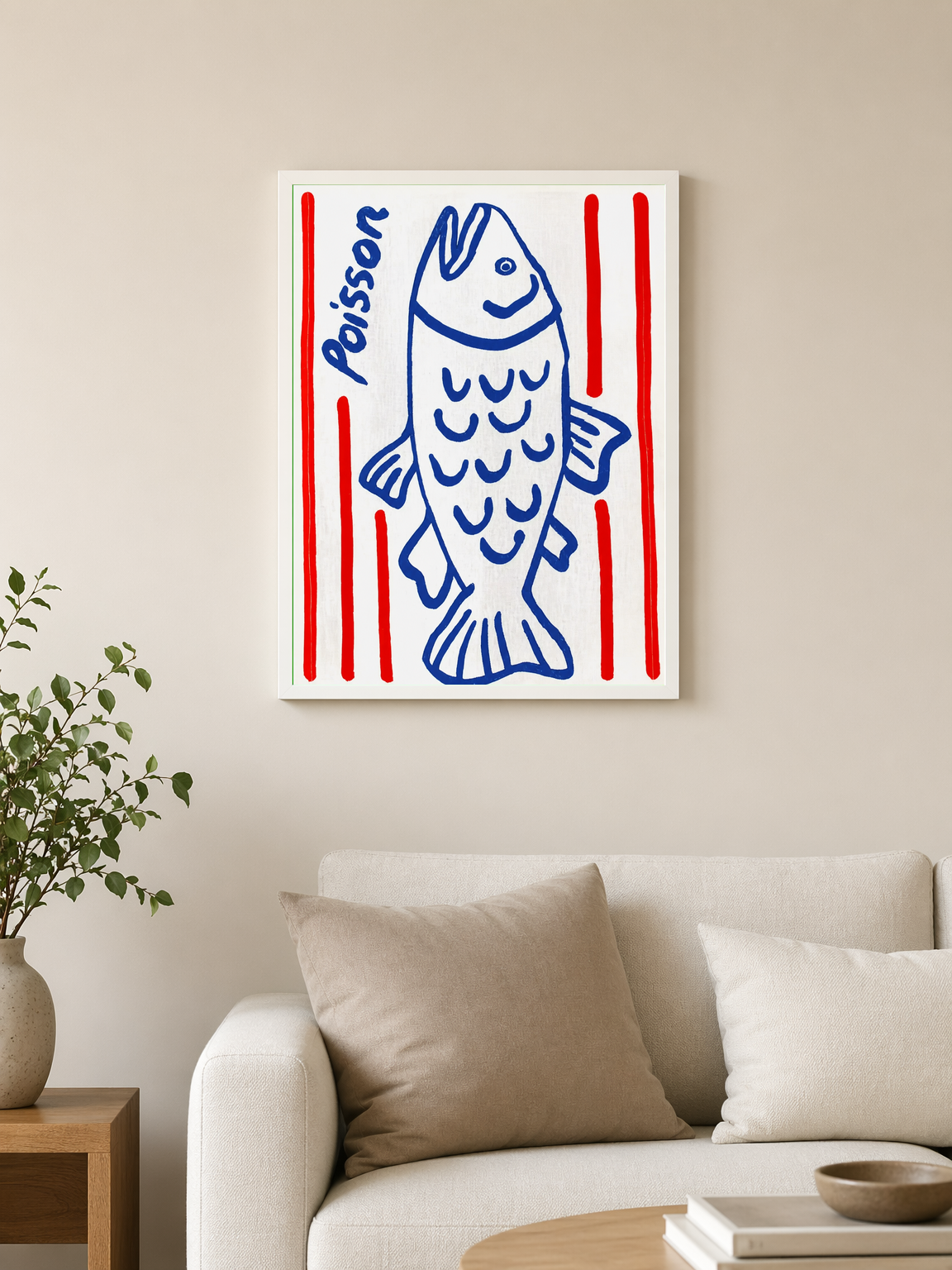 Blue Poisson Fish Illustration Wall Art Print - white framed