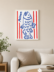 Blue Poisson Fish Illustration Wall Art Print - white framed