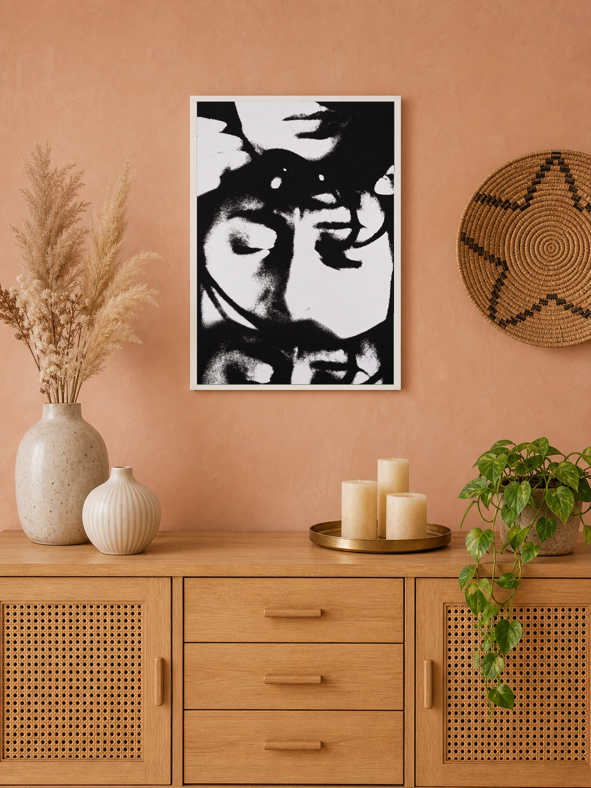 Abstract Black and White Faces Wall Art Print - white framed