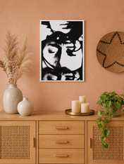 Abstract Black and White Faces Wall Art Print - white framed