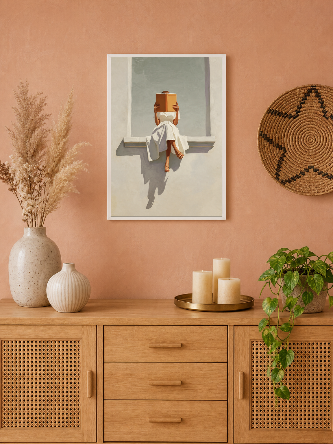 Woman Reading in Sunlit Window Wall Art Print - white framed