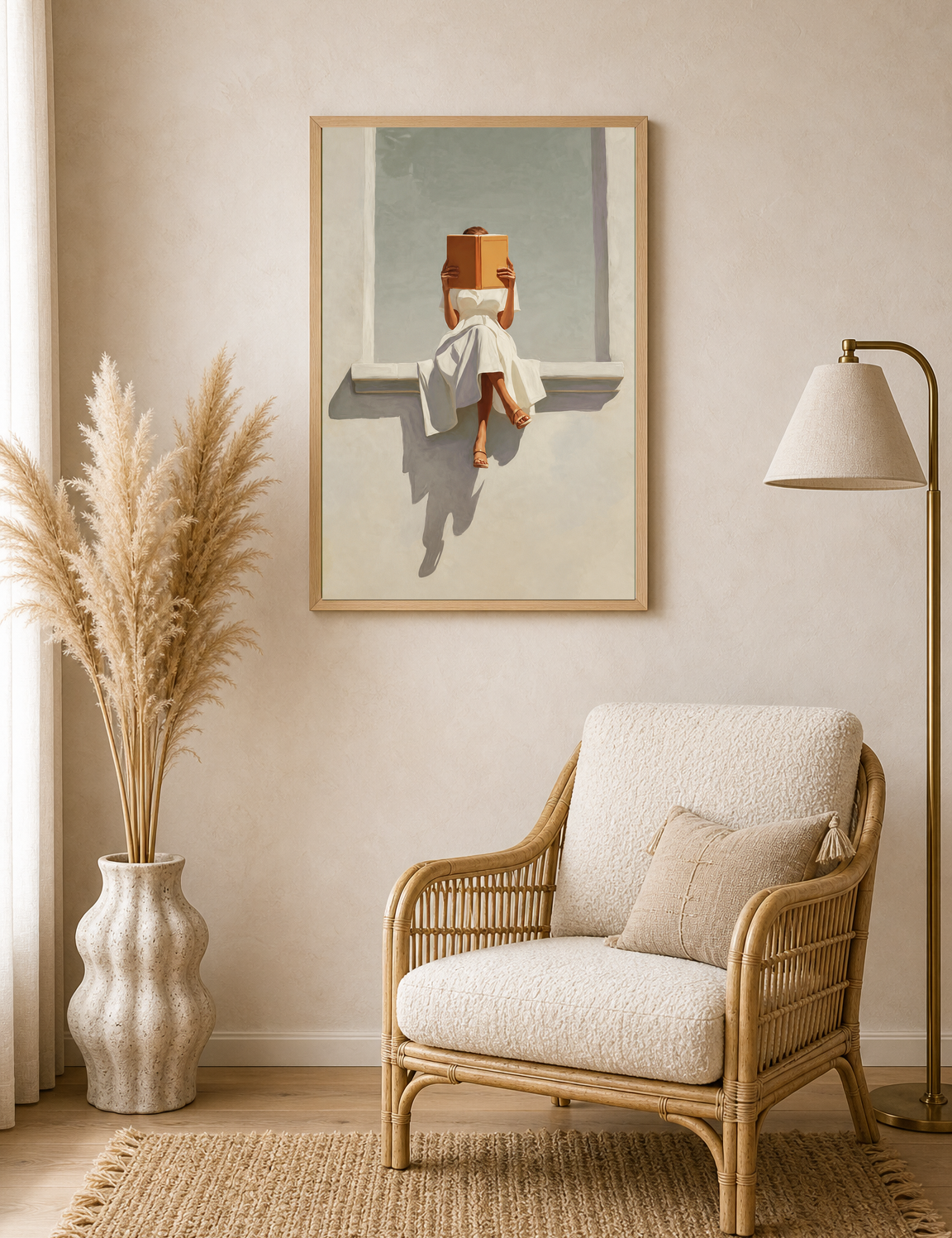 Woman Reading in Sunlit Window Wall Art Print - wood framed poster
