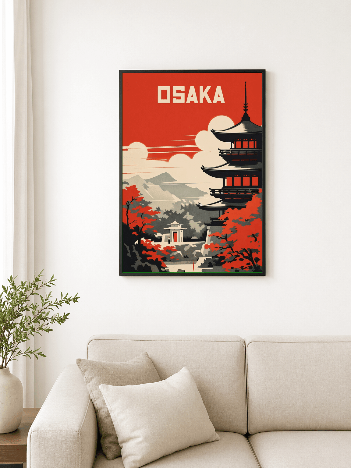 Osaka Pagoda Retro Travel Wall Art Print - black framed
