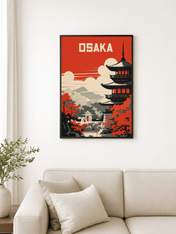 Osaka Pagoda Retro Travel Wall Art Print - black framed