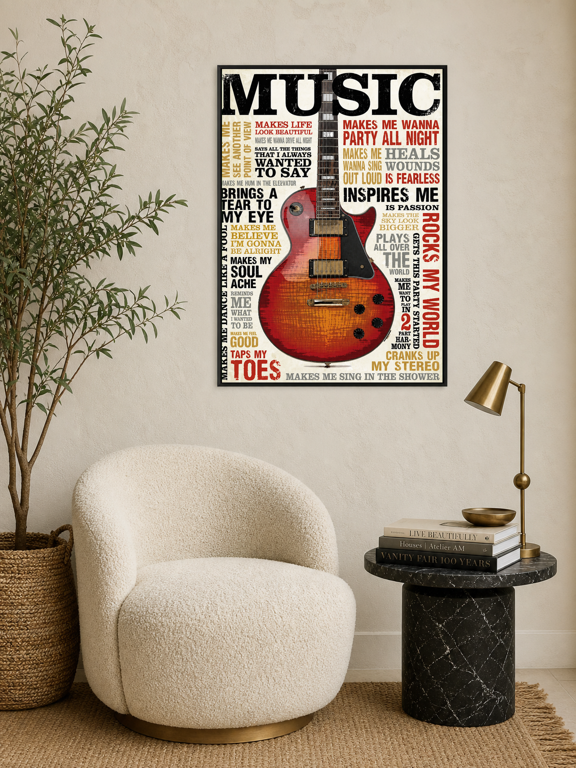 Vintage Guitar Typography Music Wall Art Print - black framed